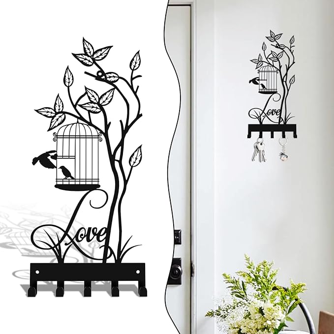 Key Holder for Wall, Metal Key Holder Hooks Organizer Rack, Key Organizer Wall Decorative with 5 Hooks for Entryway, Front Door, Hallway, Bedroom, Office (12 Inches, Birdcage)