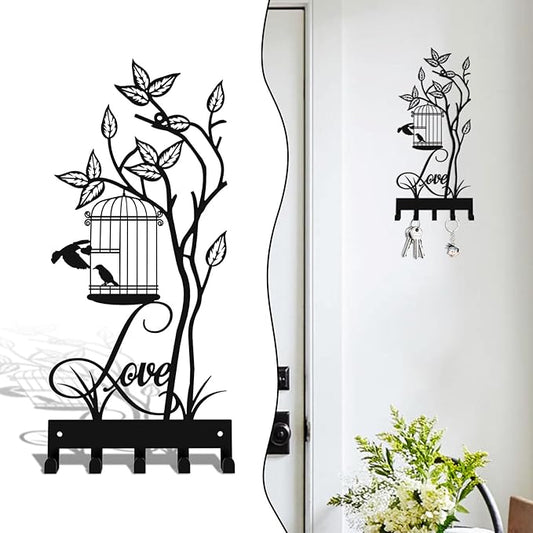 Key Holder for Wall, Metal Key Holder Hooks Organizer Rack, Key Organizer Wall Decorative with 5 Hooks for Entryway, Front Door, Hallway, Bedroom, Office (12 Inches, Birdcage)