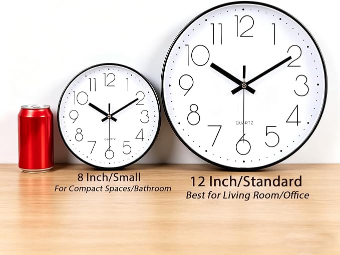 jomparis 12 Inch Wall Clock Silent Non Ticking Battery Operated Quartz Modern Decorative Round Wall Clock for Office Classroom School (Black)
