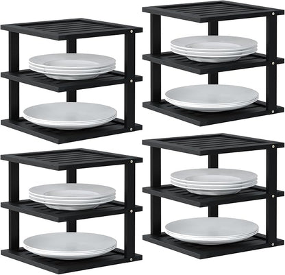 4 Pack Bamboo Corner Shelf,3 Tier Kitchen Cabinet Organizer for Plates and Dishes,Pantry Storage and Spice Rack（Black）