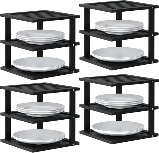 4 Pack Bamboo Corner Shelf,3 Tier Kitchen Cabinet Organizer for Plates and Dishes,Pantry Storage and Spice Rack（Black）