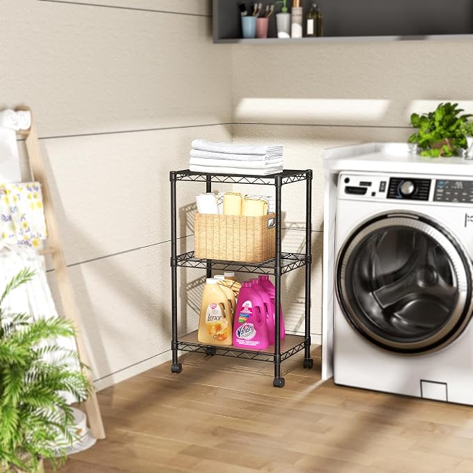 SINGAYE 3 Small Shelves Storage Shelf Wire Shelving Unit Metal Shelf Adjustable Organizers Storage Shelving with Wheels for Bathroom Laundry Room Kitchen Pantry11.5”D x 17.5”W x 30.5”H Black