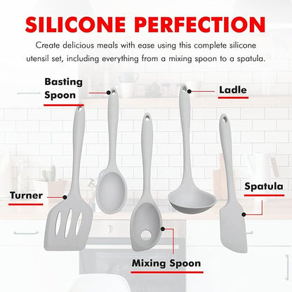 Chef Craft - Premium Silicone Kitchen Tools and Utensils Set, Non-Scratch, Withstands Temperatures up to 450°F, BPA-Free, 5 Piece Cooking Utensils Set, Gray