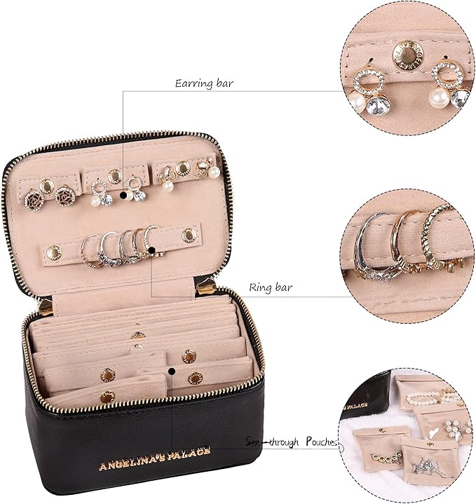 Angelina's Palace Snakeskin Pattern Jewelry Organizer Case Bridesmaid Gifts Travel Bag Vegan Leather Box for Necklace Earring Bracelet Ring(Black)