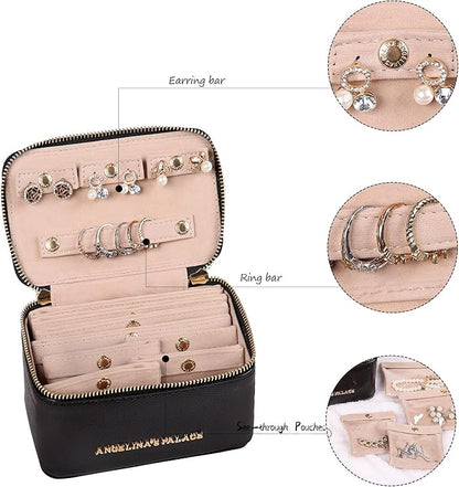 Angelina's Palace Snakeskin Pattern Jewelry Organizer Case Bridesmaid Gifts Travel Bag Vegan Leather Box for Necklace Earring Bracelet Ring(Black)