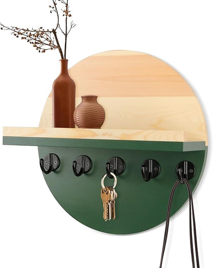 Key Holder for Wall with Shelf - Wood Mail Organizer and Rack with Shelf Hooks Wall Mounted for Entryway Decor Magazines Letter Storage Farmhouse Living Room Bedroom Doorway Green