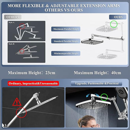 12 Inch Rain Shower Head with Handheld Spray Combo and Extention Arm, High Pressure Rainfall Waterfall Shower Heads, Dual Showerhead with 3-Way Diverter - Height/Angle Adjustable(Chrome)