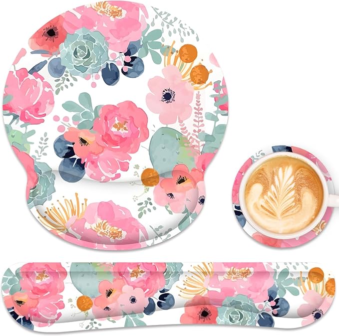 Ergonomic Mouse Pad with Wrist Rest and Keyboard Wrist Rest, Mousepad and Wrist Rest for Computer Keyboard, Pain Relief, Non-Slip Rubber Base, Mouse Pad Wrist Support for Gaming, Office, Pink Flower
