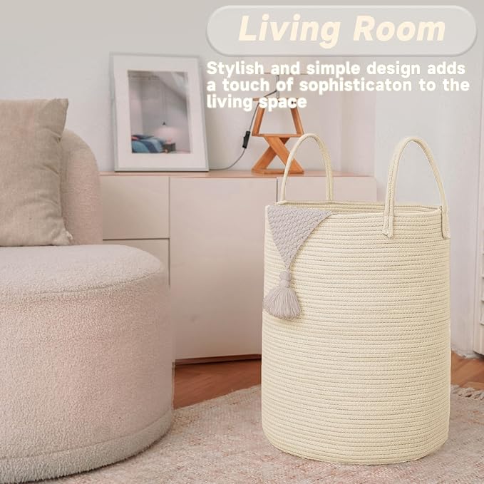 JMvicyroam Large Woven Laundry Basket Hamper,80L Cotton Rope Storage Bin for Blankets,Toys and Clothes,Decorative Tall Nursery Hamper for Living Room,Baby Nursery,Bathroom and Bedroom,Beige
