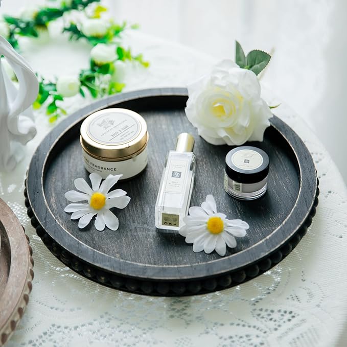 HPC Decor 12in Round Tray for Home Decor- Black Wood Beaded, Decorative Round Tray for Living Room Decor, Coffee Table Decor, Kitchen Table Decor or Farmhouse Serving Tray