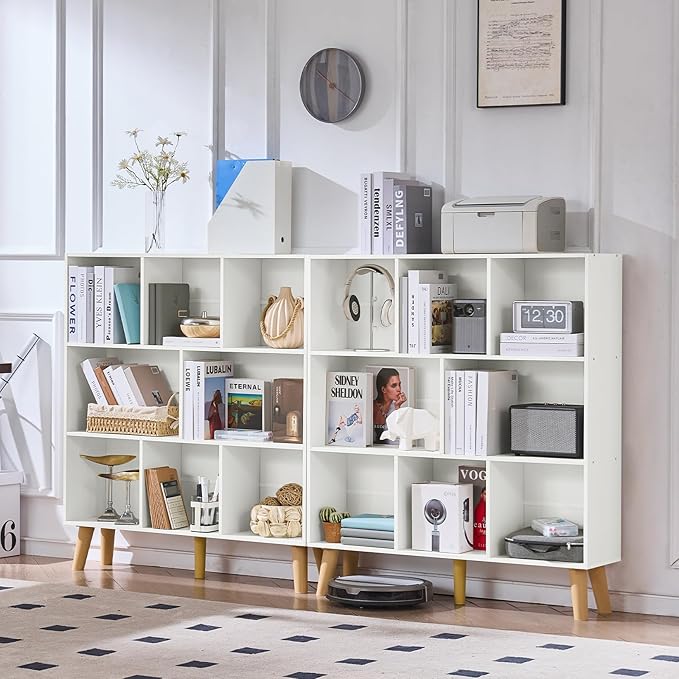 LEYAOYAO 8 Cube Bookshelf,3 Tier Bookcase with Legs,White Mid-Century Modern Bookshelves,Large Open Storage Organizer Shelf, Wooden Book Case
