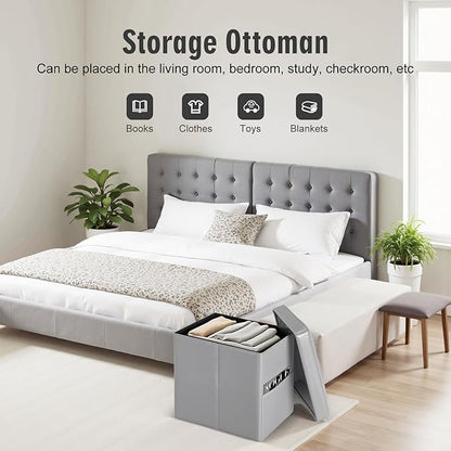 Ottoman with Storage, Ottoman Foot Rest Stool with Handles & Side Pocket. Folding Leather Storage Bench with Thicker Foam Padded Seat. Slim Tall Ottomans for Living Room 350lbs, 17x13x17in, Grey