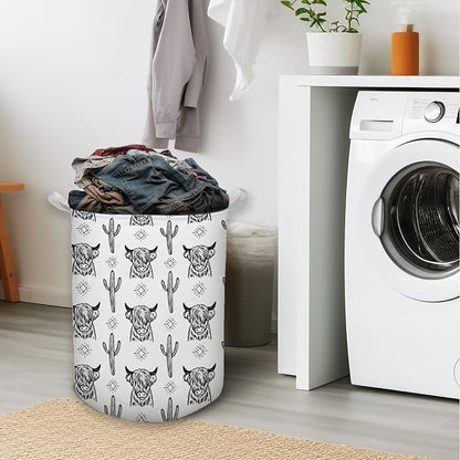 Western Laundry Basket, Retro Highland Cow Cactus Collapsible Laundry Hamper - Waterproof, Dirty Clothes Storage Bin - Perfect for Bathroom, Bedroom, Home Decor
