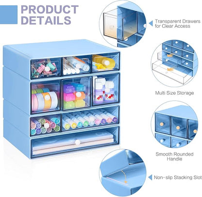 Desk Storage Organizer with 9 Drawers, 4 Tiers Stackable Desktop Craft Storage Drawers, Clear Storage Box Caddy for Stationary Makeup Jewelry Office Craft Supplies (Blue)