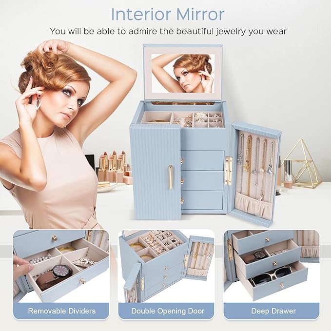 Dajasan Large Jewelry Organizer Box with Mirror, Jewelry Storage Organizer with 3 Drawers, 4-Tier Jewelry Gift Box for Women, Girls, Friends, Wife or Mother, Gift Idea (Smoky Blue)
