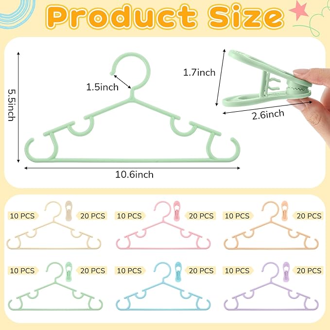 Hsei 5/10/40 Pack Baby Hangers with 10/20/80 Clips, Plastic Kids Pants Hangers for Nursery Closet Top and Bottom Clothes Hanger Set for Newborn Infant Toddler(180 Packs Total,Macaron Color,10.6 Inch)