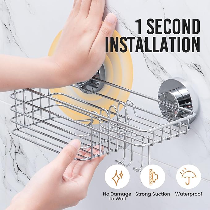 LEVERLOC Shower Caddy Suction Cup, 2 Pack Heavy Duty Bathroom Organizer for Inside Shower with Hooks & Soap holder, Removable and Rustproof Silver bathroom Holder Storage