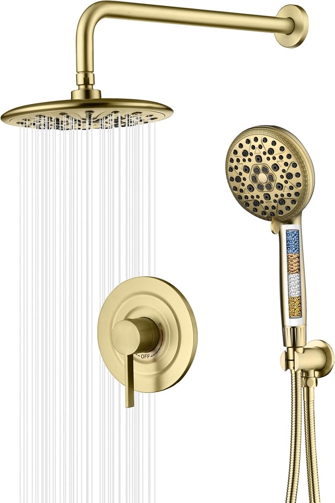 sumerain Brushed Gold 9 inch Rain Shower System with Filtered Handheld Shower Head for Hard Water, Rough-In Valve Included