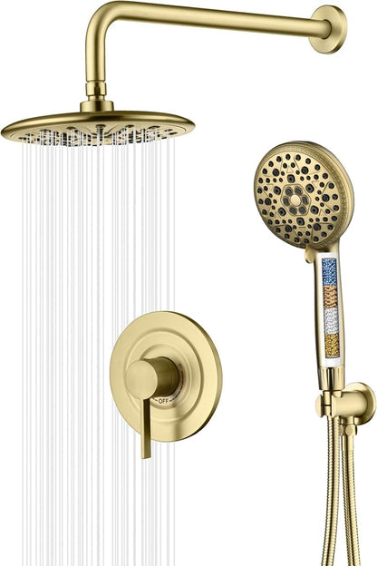 sumerain Brushed Gold 9 inch Rain Shower System with Filtered Handheld Shower Head for Hard Water, Rough-In Valve Included