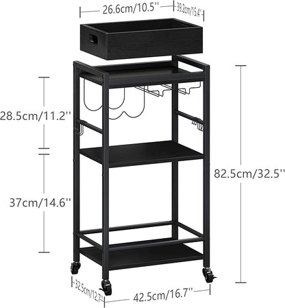 3-Tier Bar Cart with Removable Tray, Small Bar Carts with Wheels, Rolling Beverage Cart, Drink Cart, Black Wine Cart with Wine Rack for Kitchen, Living Room (Black) GBC513B
