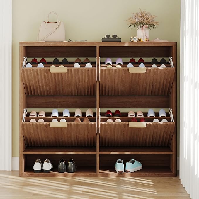 Shoe Storage Cabinet for Entryway with 4 Flip Drawers, 47.2" Large Modern Freestanding Shoe Organizer with Fluted Doors & Hidden Shoe Rack - Slim Enclosed Shoe Rack for Hallway (Walnut)