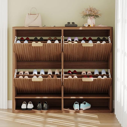 Shoe Storage Cabinet for Entryway with 4 Flip Drawers, 47.2" Large Modern Freestanding Shoe Organizer with Fluted Doors & Hidden Shoe Rack - Slim Enclosed Shoe Rack for Hallway (Walnut)