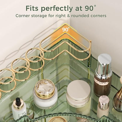 BEFSOP Corner Bathroom Counter Organizer, Upgraded 3-Tier Makeup Organizer Countertop with Makeup Brush Holder, Skincare Exquisite Vanity Organizers Countertop Bathroom Storage Dresser(Green)