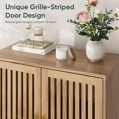 Sideboard Cabinet, 31.5" W Farmhouse Buffet Cabinet with Slatted Doors & Adjustable Shelf, Wooden Coffee Bar Storage Station for Kitchen, Dining Room, Living Room, Entryway, Natural Oak