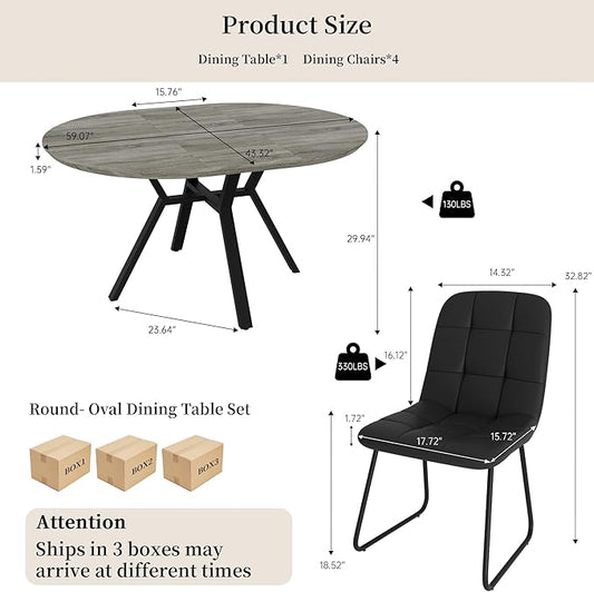 Extendable Round Dining Table Set for 4 People, 43.3"-59.1" Extendable Kitchen Table with 4 Upholstered Chairs, Space Saving for Kitchen Dining Room (Grey Table+4 U-Shaped Black Chairs)