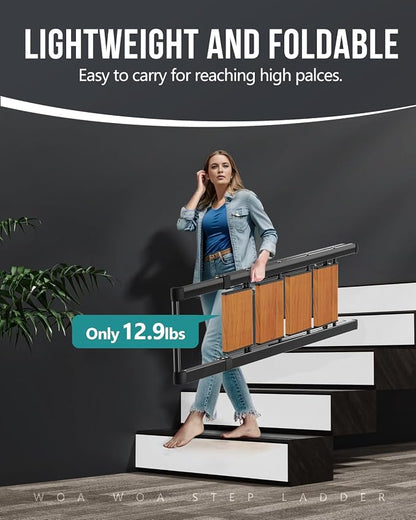 WOA WOA 4 Step Ladder, Ladders for Home, Anti-Slip Pedals, Aluminum Step Stool Foldable, Lightweight to Move, Ease of Storage, Reach 9ft for Closet Kitchen Library, Hold 300lbs - Black&Wood Grain