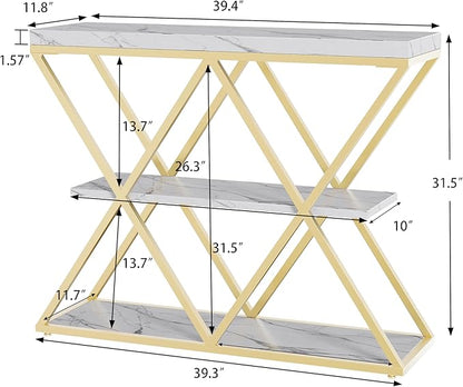 Garvee 3-Tier Entryway Table, Industrial Console Sofa Table with Storage, Accent Table with Open Shelves, X-Shaped Gold Metal Frame, Foyer Table for Entryway, Hallway, Foyer, Living Room, White