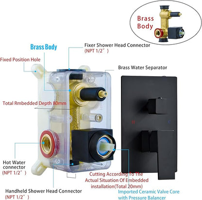 SaniteModar Black Shower Head System 8 Inch Square Rainfall Shower Head with Handheld Shower Vaval and Trim Kit Wall Mounted Shower Faucet Set, Matte Black Shower Head