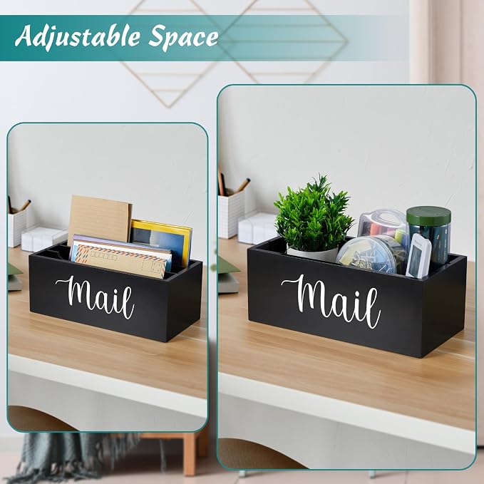 DRASTAR Mail Organizer Countertop, Wooden Mail Holder with 3 Slots, Desktop Mail Organizer, Black Mail Sorter for Home Office Accessories