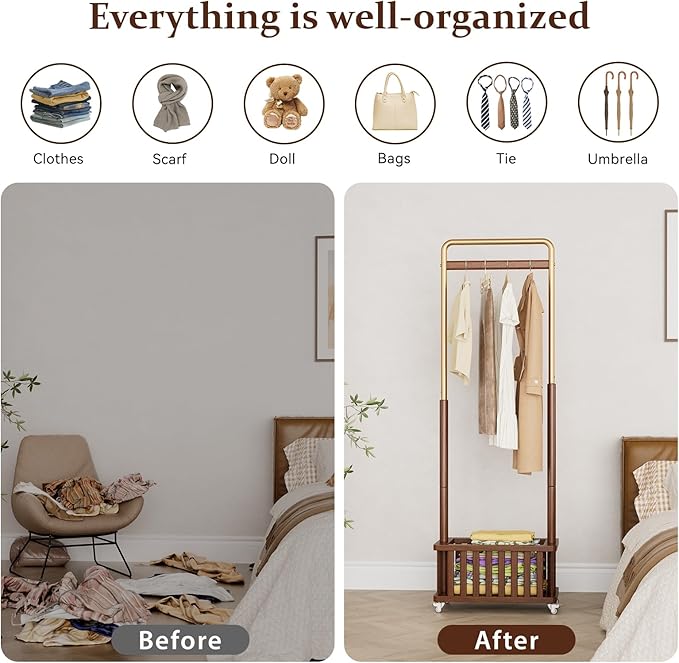 Clothes Rack Solid Wood Coat Rack, Metal and Solid Wood Combination Clothing Rack with Wheels for Entryway, Bedroom, Living Room, Coat Racks Freestanding for Hanging Clothes Garment Scarf