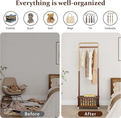 Clothes Rack Solid Wood Coat Rack, Metal and Solid Wood Combination Clothing Rack with Wheels for Entryway, Bedroom, Living Room, Coat Racks Freestanding for Hanging Clothes Garment Scarf