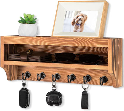 Nekon Key Holder Wall Mount, 12.8" W x 5.6" H x 3.7" D Wall Mounted Key and Mail Organizer with 6 Key Hooks, Key Racks for Home Entryway Decor (Brown)