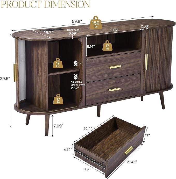 60" Sideboard Buffet Cabinet with Storage, Sliding Door & Adjustable Shelf, Modern Accent Sideboard Coffee Bar Console Table for Kitchen, Entryway and Living Room
