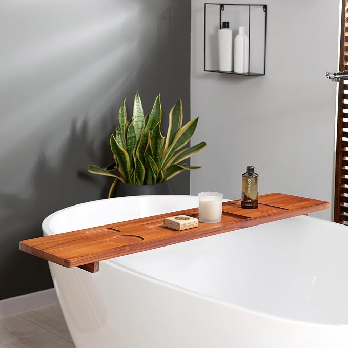 Teak Bathtub Tray for Freestanding Bath, 39" Extra Thick Adjustable Spa Caddy - Non-Slip Anti-Tip Wood Organizer for iPad, Wine & Book - Artisan Natural Finish, Perfect Self-Care Gift