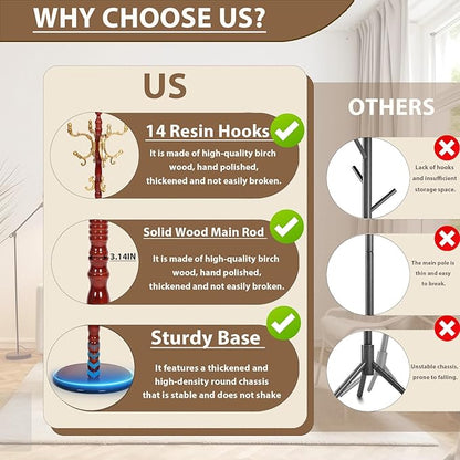 Solid Wooden Coat Rack Stand, Coat Racks Freestanding with 14 Hooks, Natural Birch Wood Coat stands with Sturdy Round Base, Tree Coat Hanger Standing for Entryway Bedroom Office (Begonia)