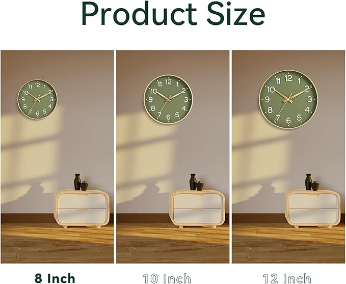 Roymnie Wall Clock Green, Silent Wall Clocks Battery Operated 8 Inch-Modern Non Ticking Analog Clock Decorative for Kitchen Office Bathroom Bedroom(Gold)