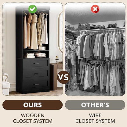 IRONCK Freestanding Closet System with 3 Wood Drawers, Modern Armoire Wardrobe with Adjustable Shelves & Hanging Rod, Walk-in Closet Systems Organizer, Black