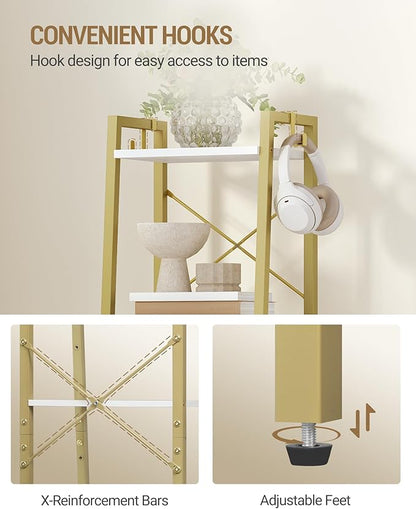 Ladder Shelf, Bookshelf Bookcase, Freestanding Corner Storage Shelve with 2 Hooks for Home Office, Living Room, Kitchen, Bedroom, Industrial, 11.8" D x 13.4" W x 47.2" H, White Gold BC13213G