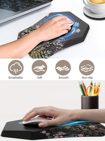 3-in-1 Ergonomic Keyboard Stand with Wrist Rest & Mouse Pad Set, Comfy Keyboard Riser Holder Soft Mousepad with Massage Design, Memory Foam and Non-Slip PU Base for Pain Relief, Flower