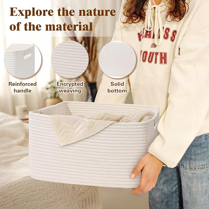 2 Pack Large Storage Basket for Organizing, 17.5"x13.5"x7.5" Woven Basket for Shelves, Closet Cube Storage Bins with Wrapped Handle, Cotton Rope Baskets for Kitchen, Clothes, Toys(Off White)
