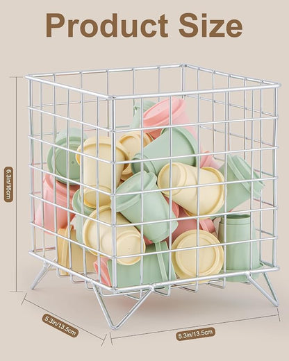 K Cup Holder Organizer, 5.3" x 5.3" x 6.3" Coffee Pod Storage Basket, Coffee Bar Accessories Metal Basket, Large Capacity Countertop Organizer for Kitchen Counter & Office Desktop (Silver)