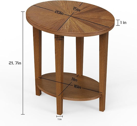 Solid Wood Oval End Table, Farmhouse Sofa Side Table, 2 Tier Beside Corner Table with Storage Shelf for Living Room, Bedroom Easy Assembly Walnut