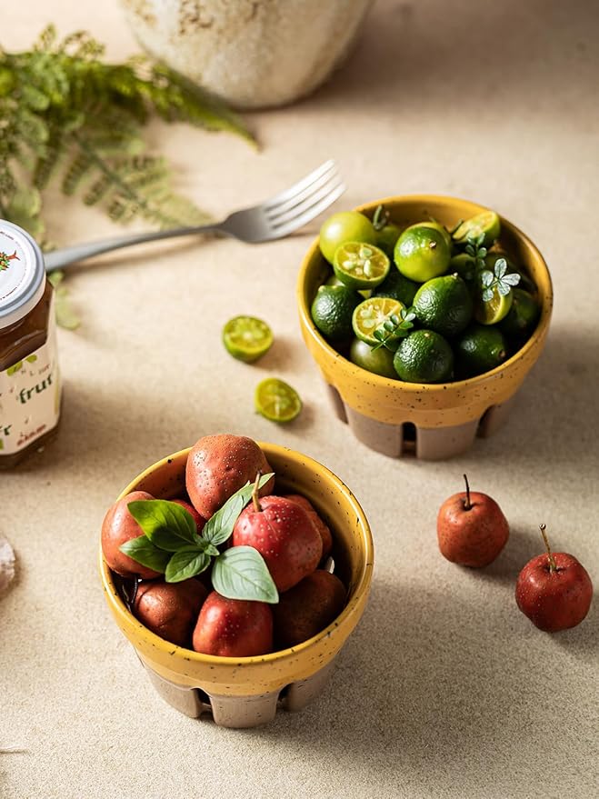 Gomakren Ceramic Fruit Basket Set of 2, Round Fruit Bowls with Holes, Fruit Storage Containers for Fridge, Rustic Berry Basket for Kitchen, Berries, Strawberry, Grape, Cherry, Yellow + Brown
