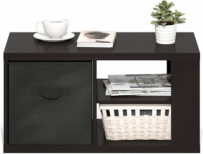 Furinno Viola Coffee Table, 3-Tier Modern Center Table with 1.2 Thick Tabletop, Side Table with Open Shelf and Storage Bin, for Living Room, Bedroom, Home Office, Black Dark Oak