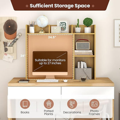 Desk Hutch, Desktop Shelf with 5 Shelves, Desk Bookshelf w/Anti-Toppling Devices, Wood Table Top Bookshelf Organizer, Small Desk Shelf for Study, Office, Dorm (Burlywood, 5 Shelves)