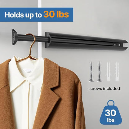 Valet Rod 14-Inch, Pull-Out Closet Clothes Closet Hanging RodMetal Telescoping Adjustable, Rust-Free Closet Hanging Clothes Hat Rack Rod (Mounting Screws Included)-Black